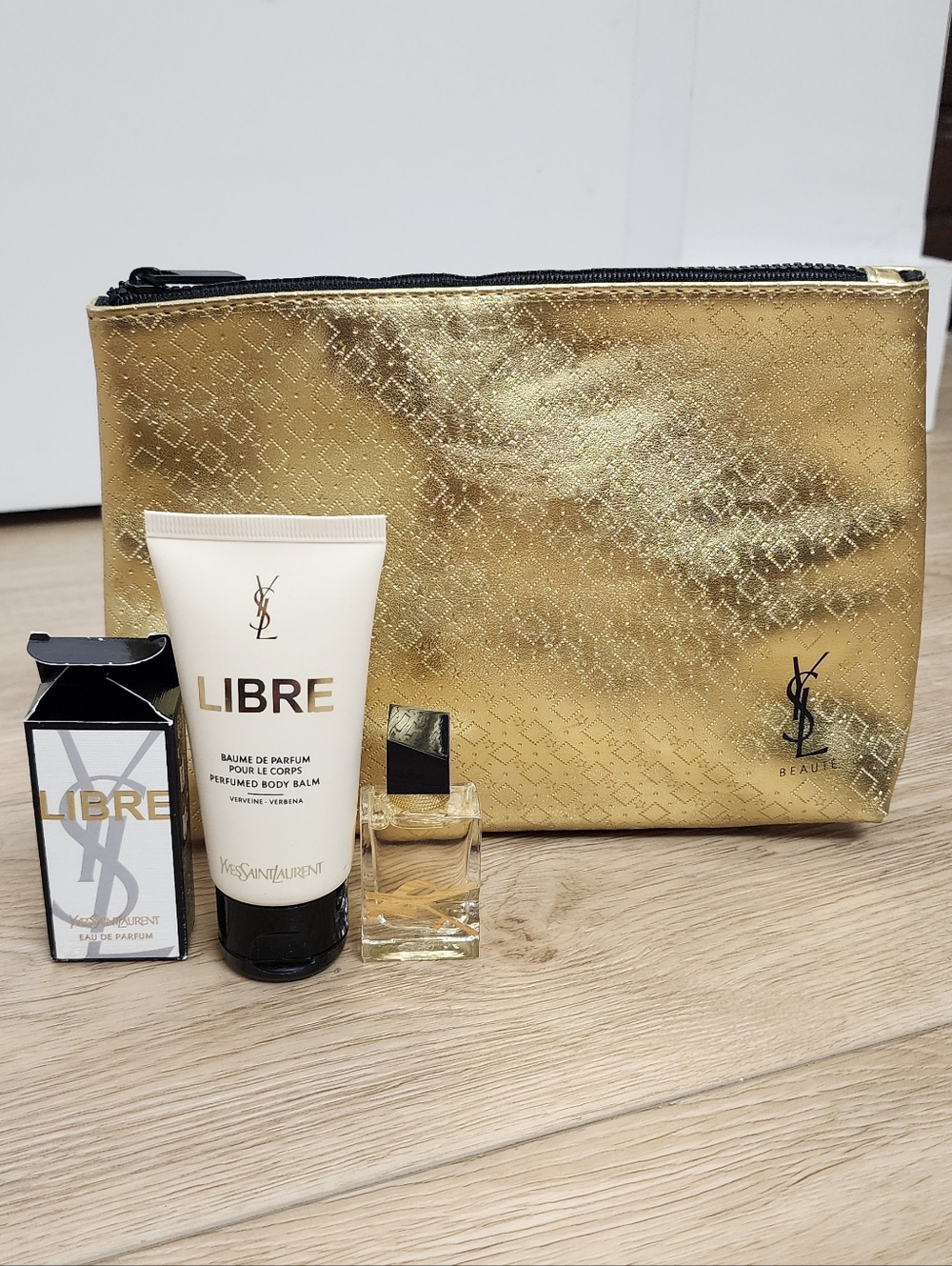 New Ysl Gold Tone Leather Makeup Pouch Bag + 2 Pcs Mini Travel Gift Set